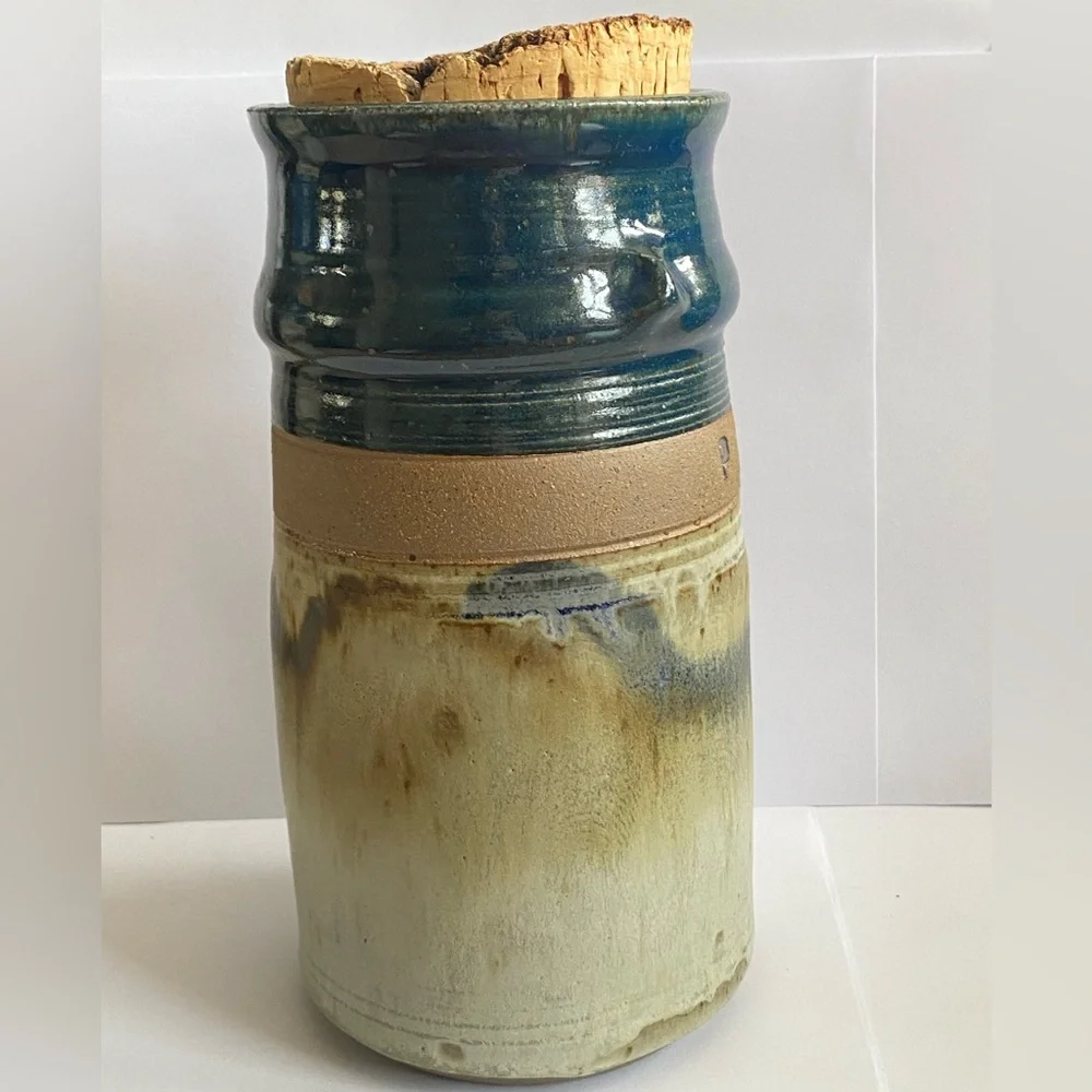 Hand Made 1989 Stoneware Pottery Container POPCORN Crock Signed Bob Huskins
